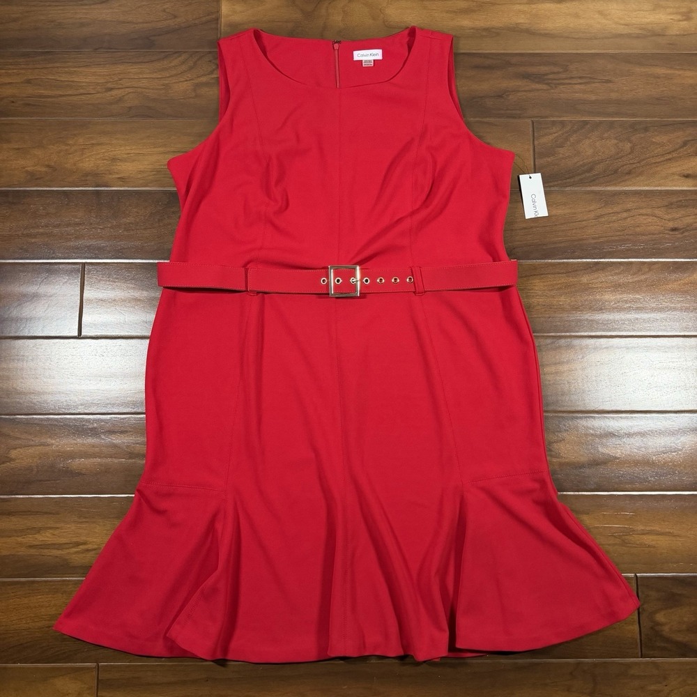 Calvin Klein Women's Size 20 W Red Sleeveless Belted Crepe Sheath Dress